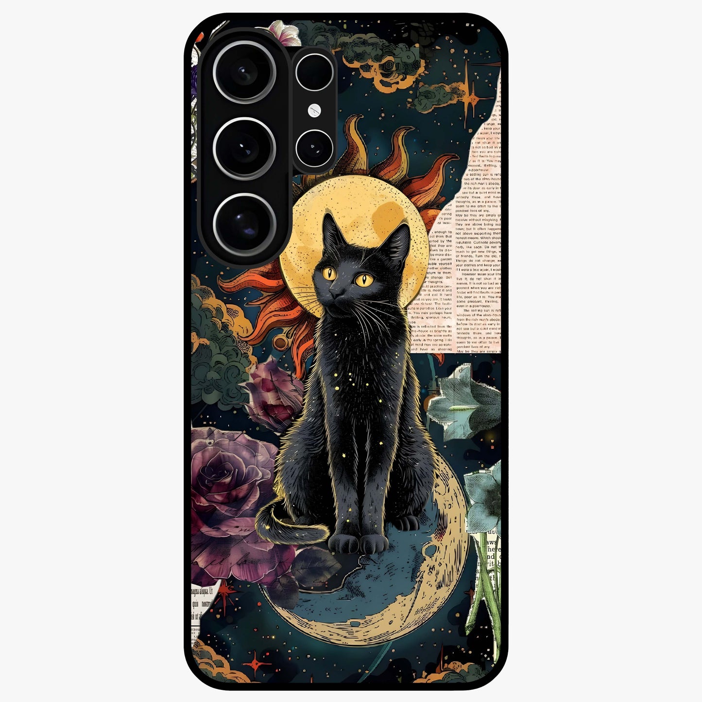 Celestial Black Cat Glass Case showing flat back view with mystical black cat artwork and glossy glass finish.