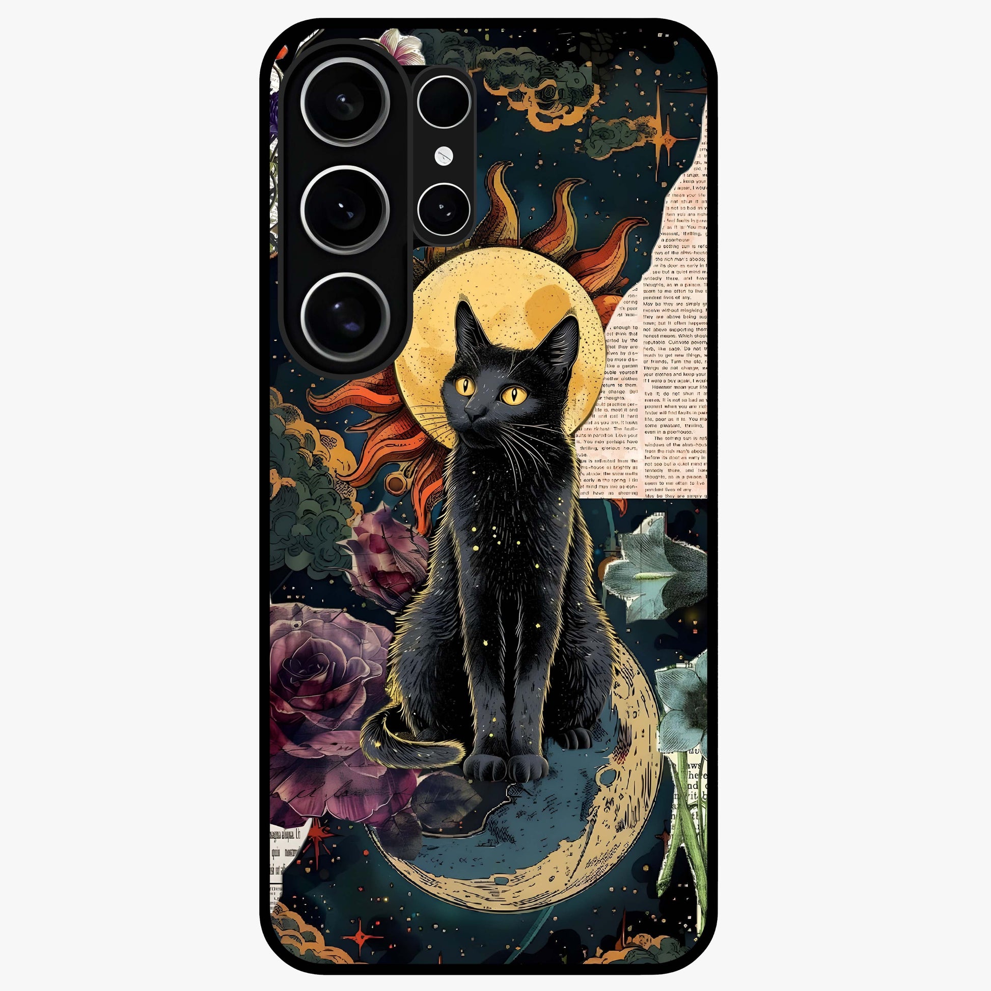 Celestial Black Cat Glass Case showing flat back view with mystical black cat artwork and glossy glass finish.