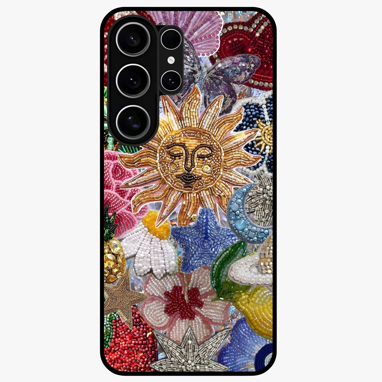 Celestial Floral and Playful Glass Case showing flat back view with floral and celestial themed artwork and glossy glass finish.