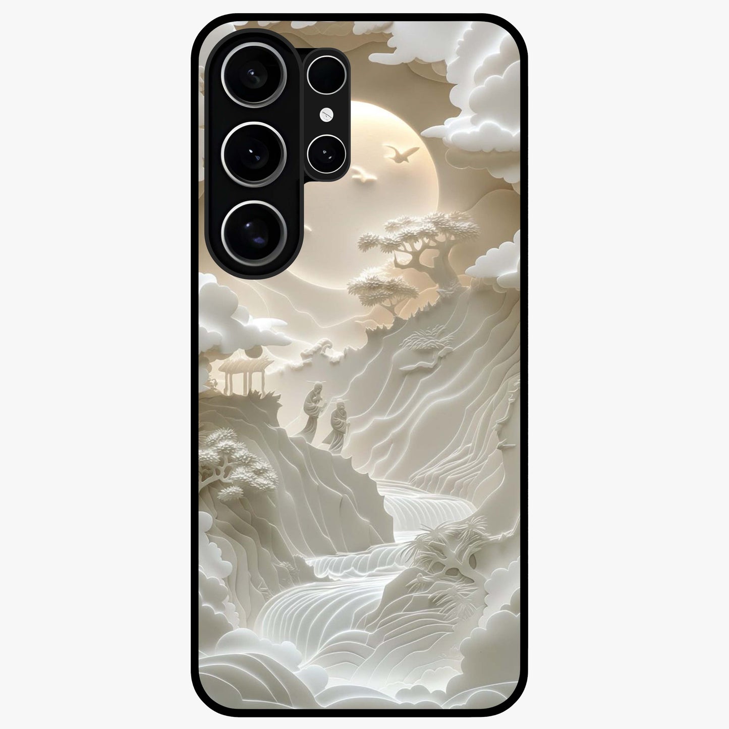 Celestial Origami Glass Case showing flat back view with artistic origami inspired celestial artwork and glossy glass finish.