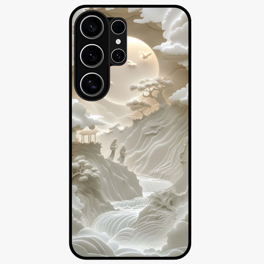 Celestial Origami Glass Case showing flat back view with artistic origami inspired celestial artwork and glossy glass finish.