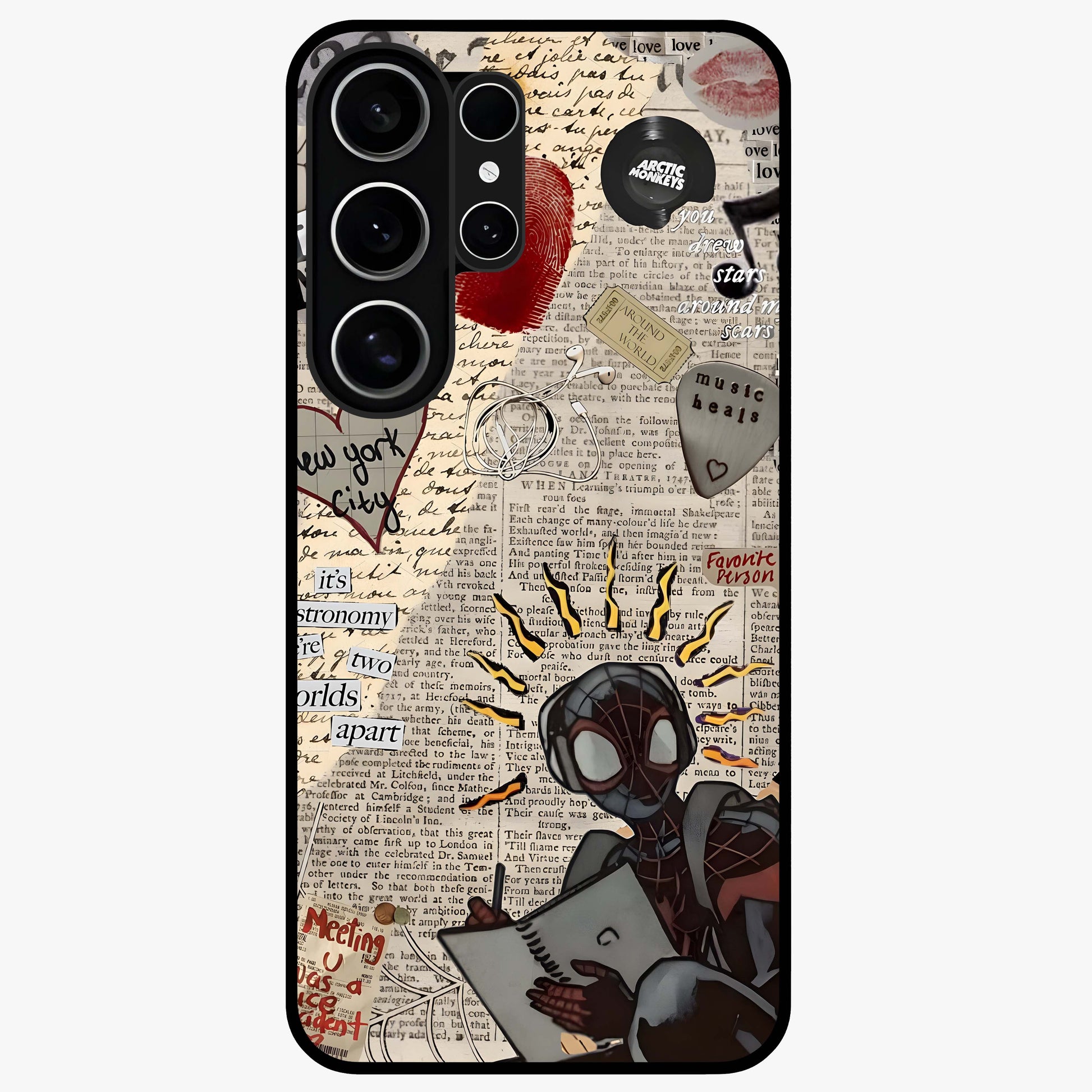 City Dream Sketch Glass Case showing flat back view with artistic city skyline sketch artwork and glossy glass finish.