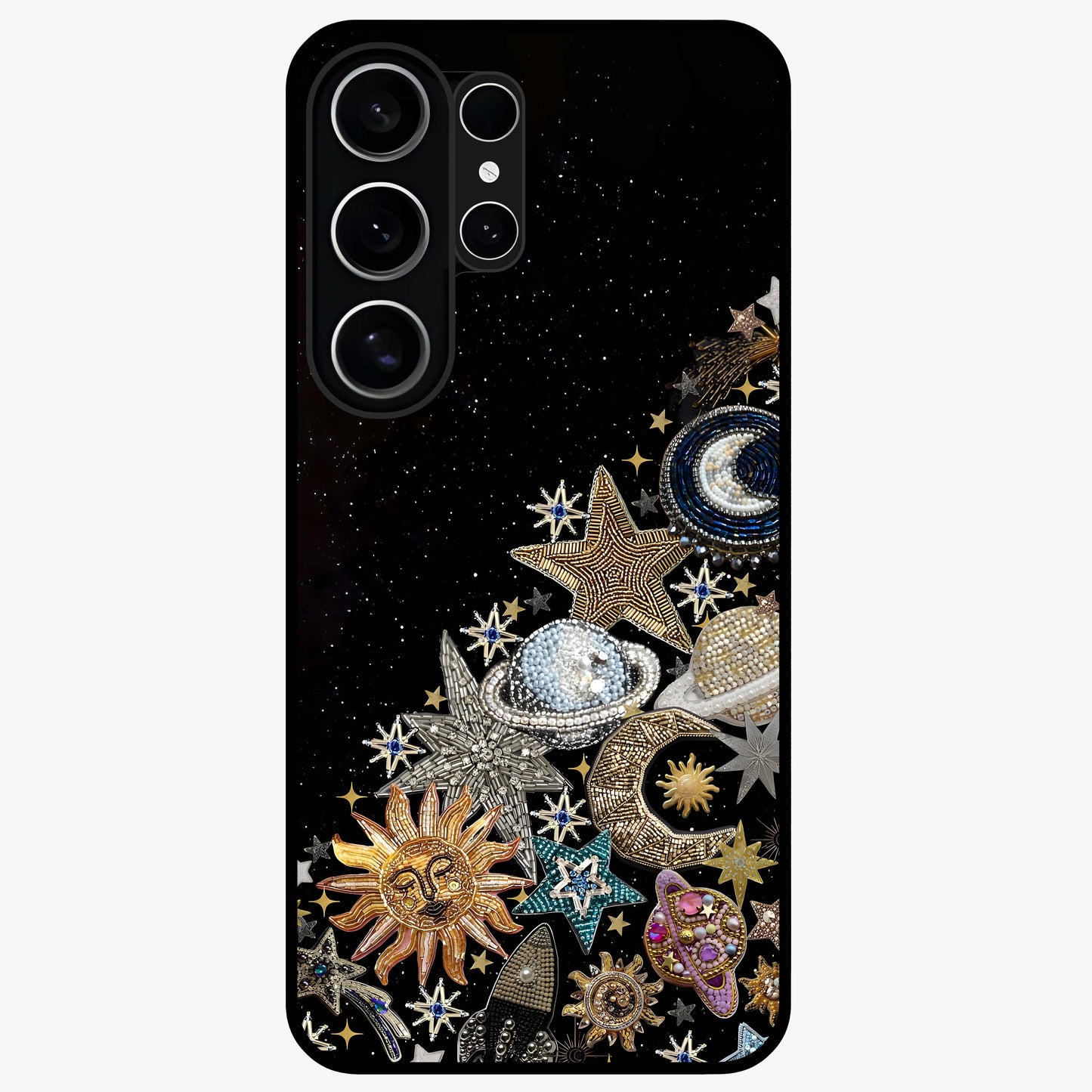 Cosmic Sparkle Dreams Glass Case showing flat back view with sparkling cosmic artwork and glossy glass finish.