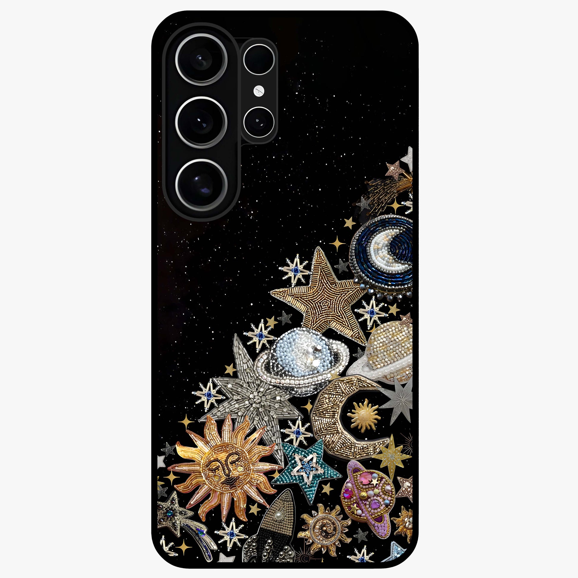 Cosmic Sparkle Dreams Glass Case showing flat back view with sparkling cosmic artwork and glossy glass finish.
