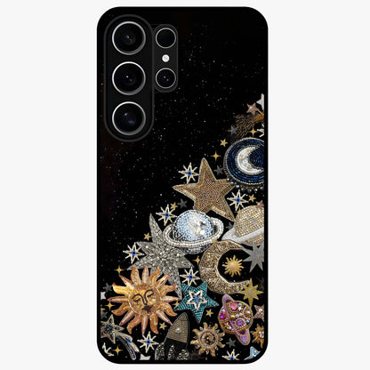 Cosmic Sparkle Dreams Glass Case showing flat back view with sparkling cosmic artwork and glossy glass finish.