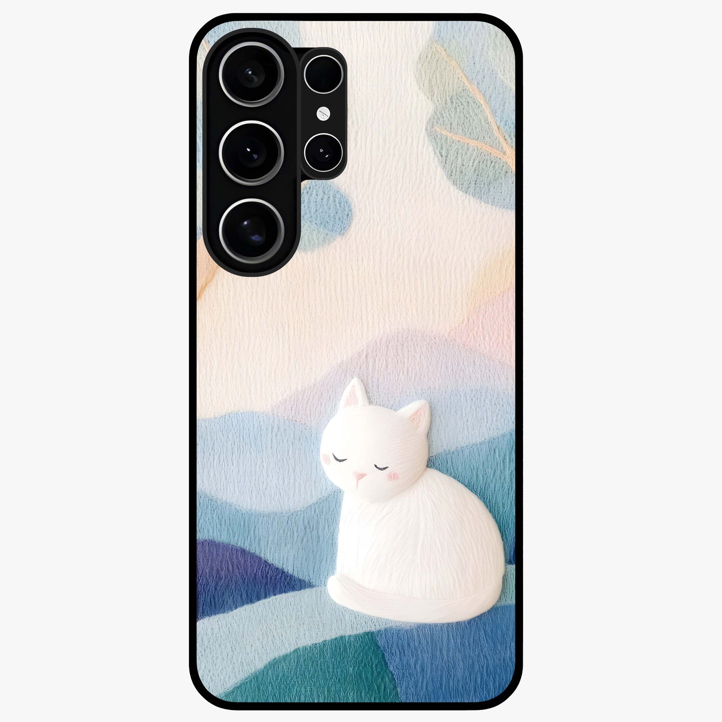 Cotton Dream Cat Glass Case showing flat back view with soft dreamy cat artwork and glossy glass finish.
