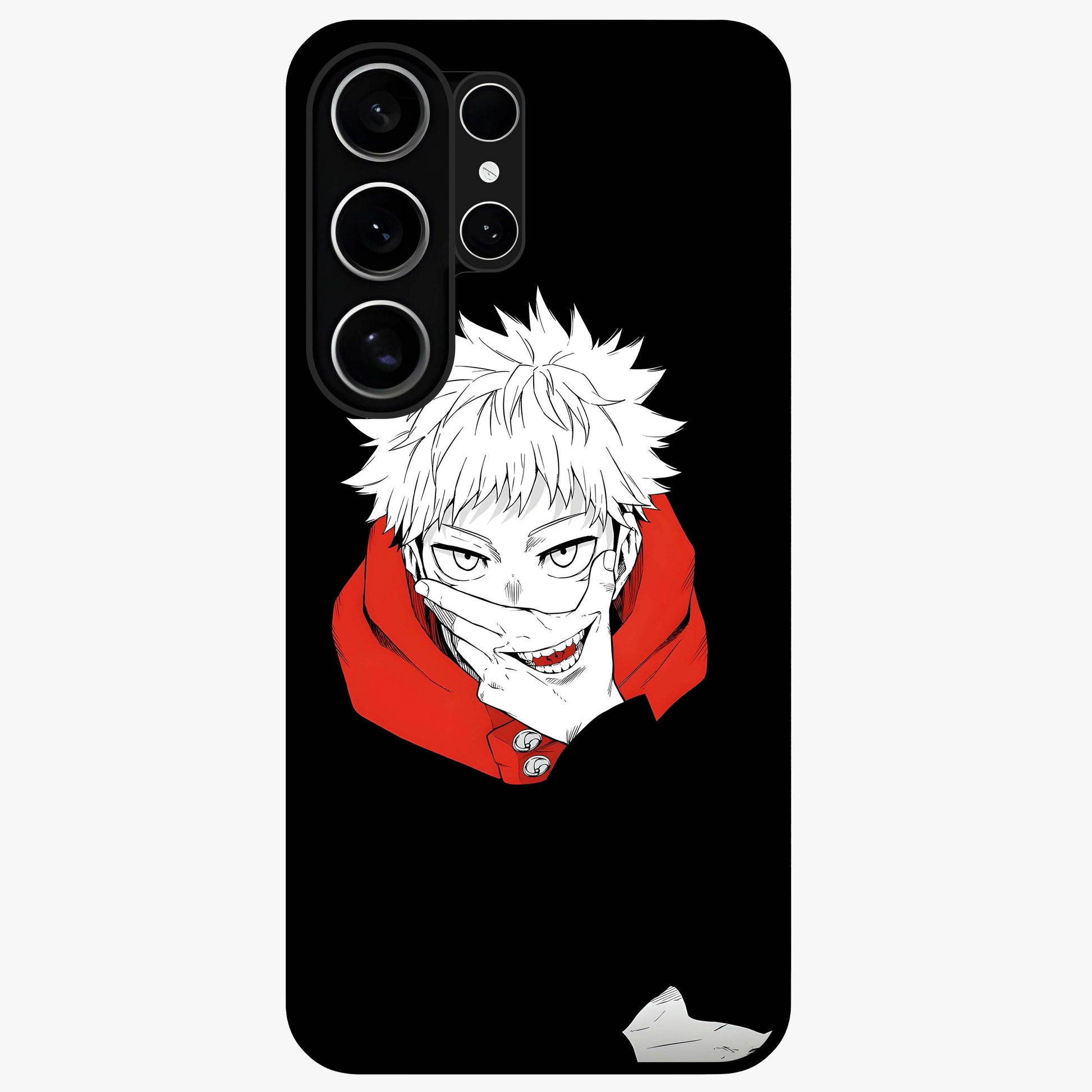Crimson Chaos Smile Glass Case showing flat back view with bold chaotic smile artwork and glossy glass finish.