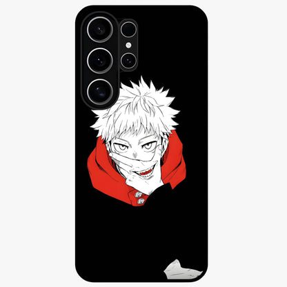 Crimson Chaos Smile Glass Case showing flat back view with bold chaotic smile artwork and glossy glass finish.