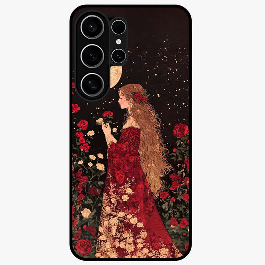 Crimson Dreams Glass Case showing flat back view with dreamy crimson artwork and glossy glass finish.