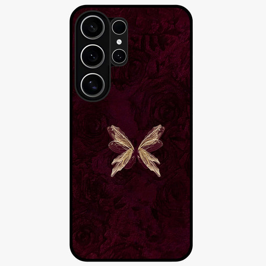 Crimson Fade Butterfly Glass Case showing flat back view with fading butterfly artwork and glossy glass finish.