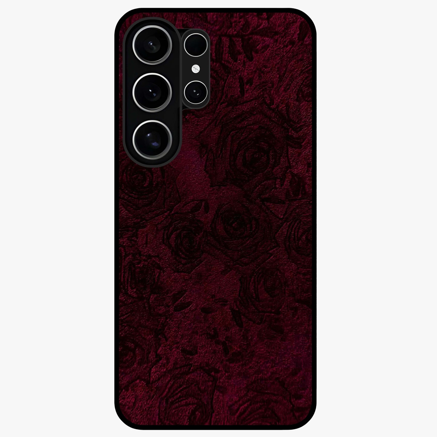 Crimson Fade Flow Glass Case showing flat back view with flowing crimson gradient artwork and glossy glass finish.