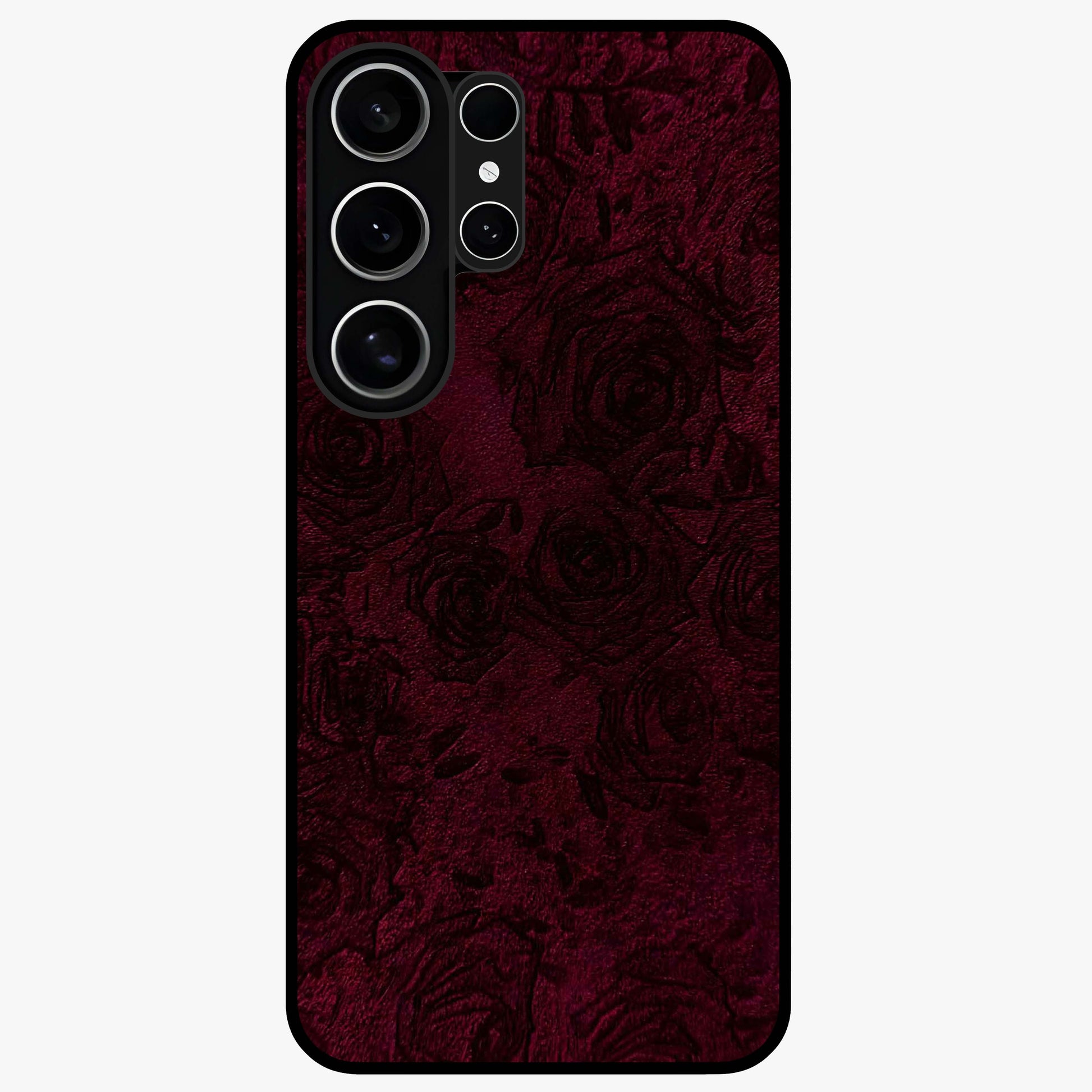 Crimson Fade Flow Glass Case showing flat back view with flowing crimson gradient artwork and glossy glass finish.