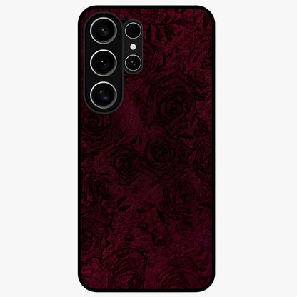Crimson Fade Flow Glass Case showing flat back view with flowing crimson gradient artwork and glossy glass finish.