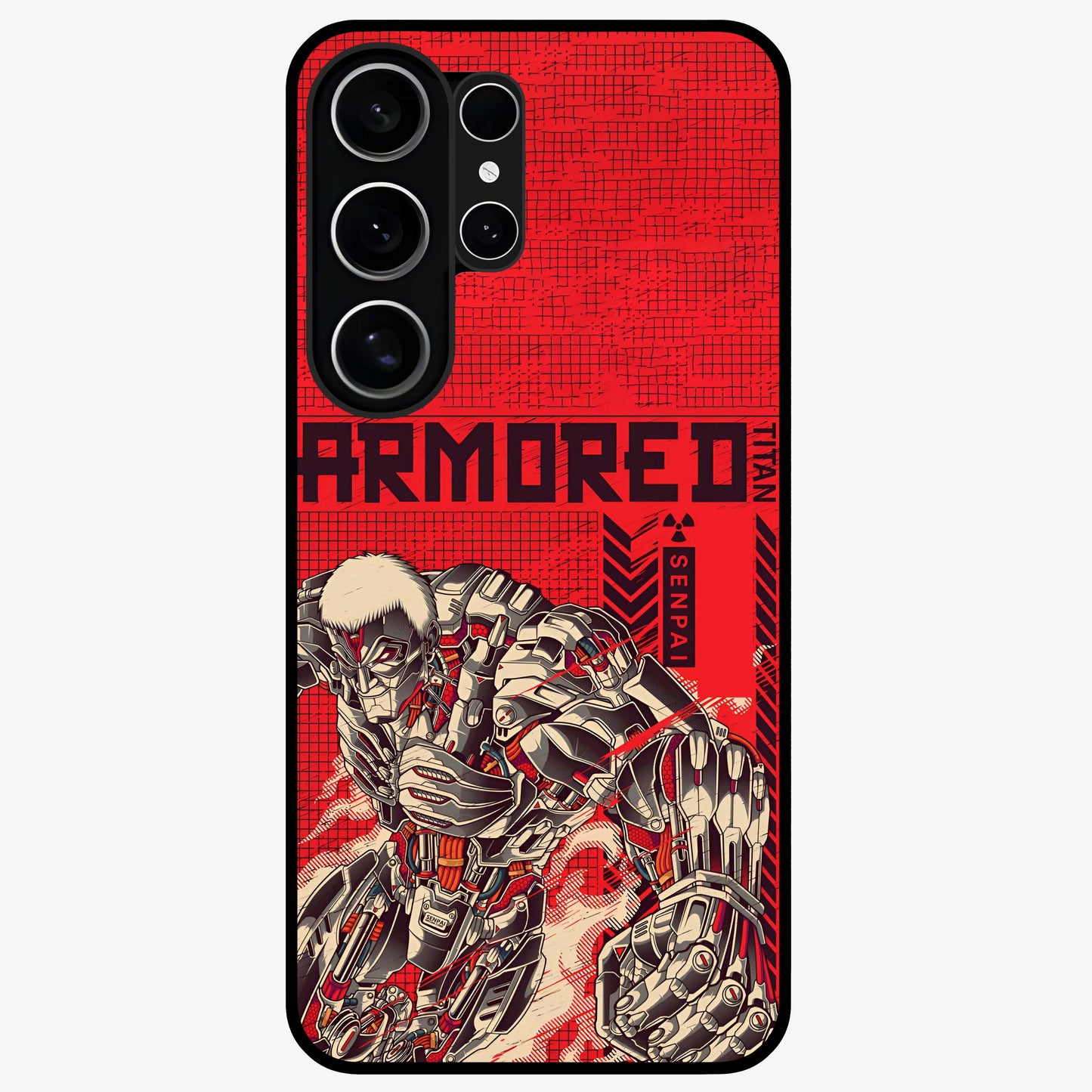 Crimson Mecha Titan Glass Case showing flat back view with powerful mech titan artwork and glossy glass finish.