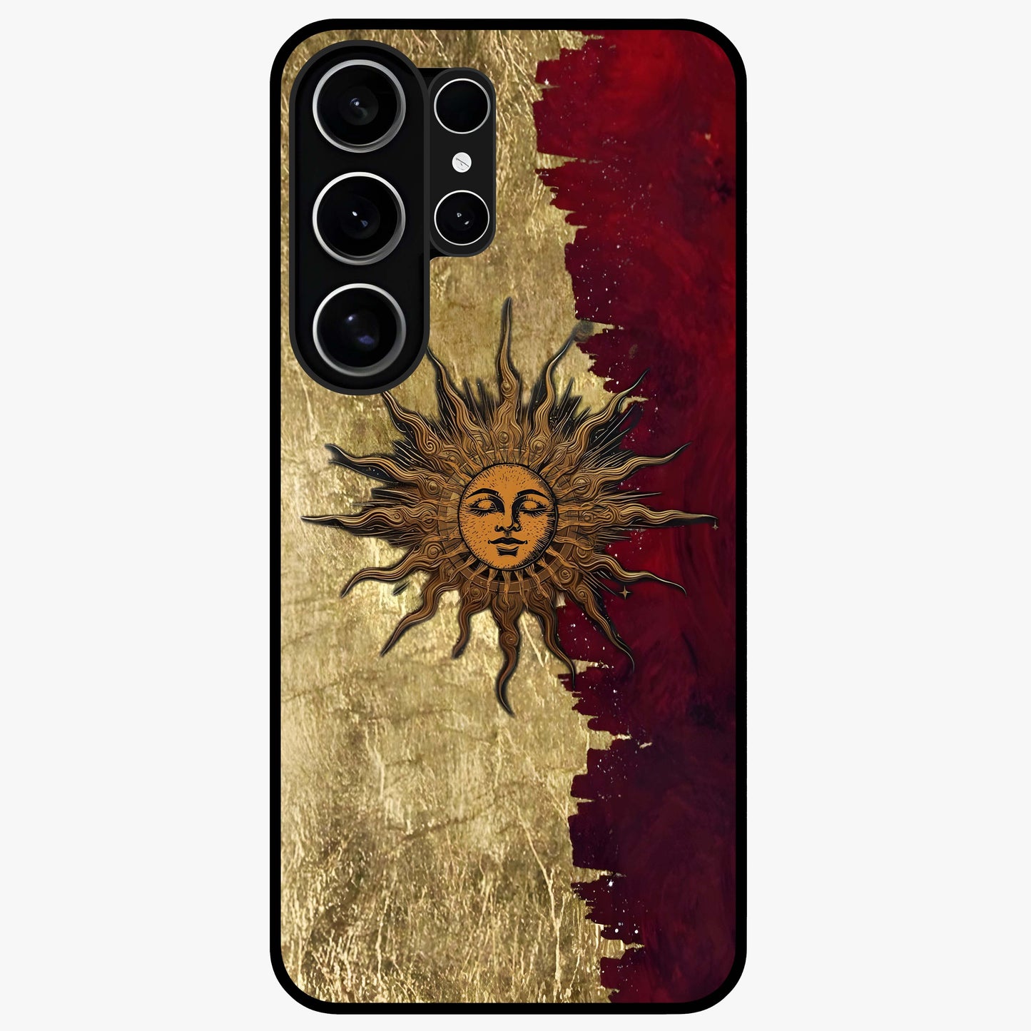 Crimson Sun Majesty Glass Case showing flat back view with radiant sun inspired artwork and glossy glass finish.