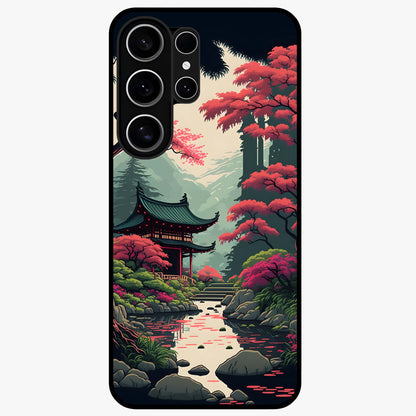 Crimson Temple View Glass Case showing flat back view with temple inspired artwork and glossy glass finish.