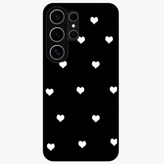 Cute And Simple White Hearts Glass Case showing flat back view with minimal white heart pattern and glossy glass finish.