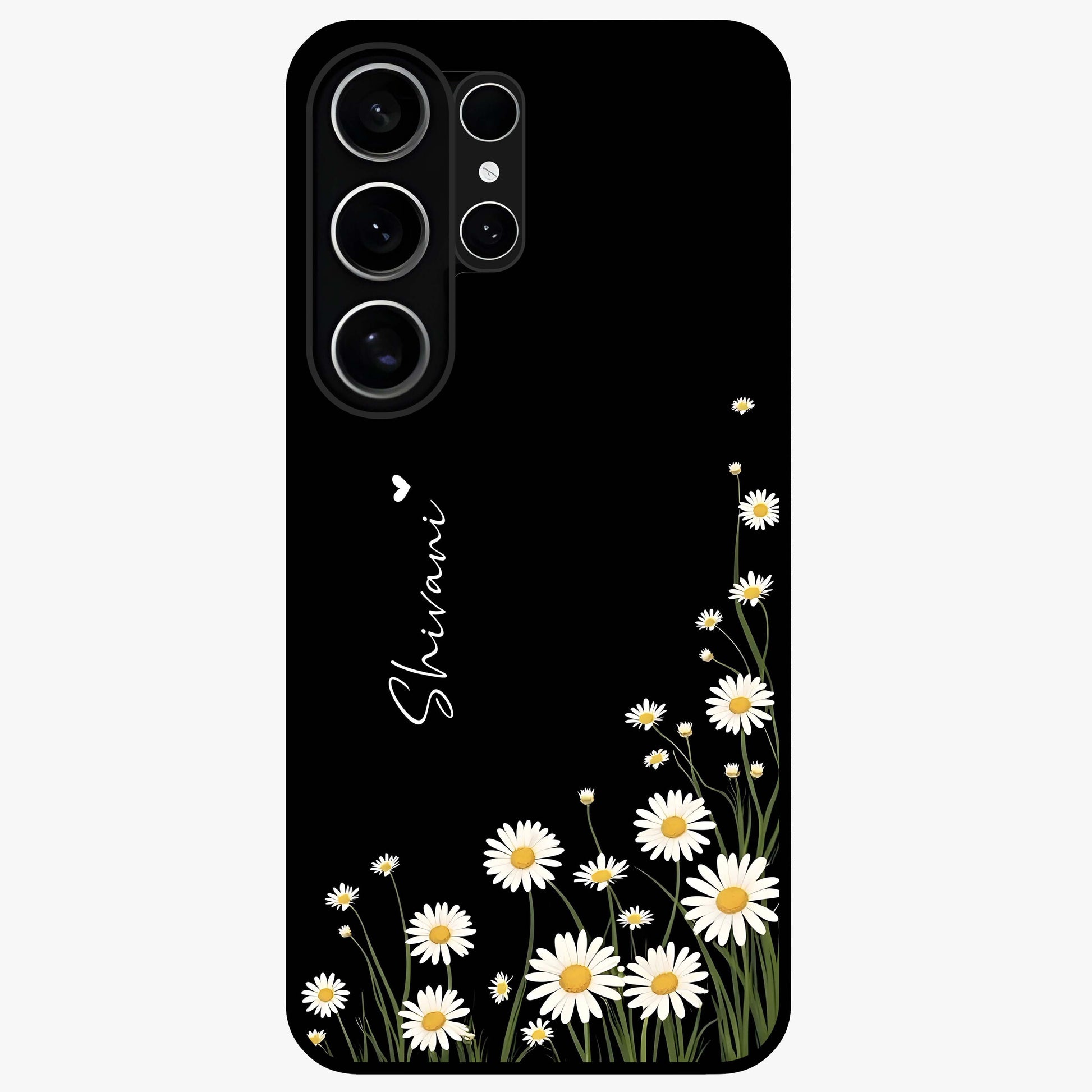 Daisy Cascade Custom Name Glass Case showing flat back view with cascading daisy flowers and personalized name design.