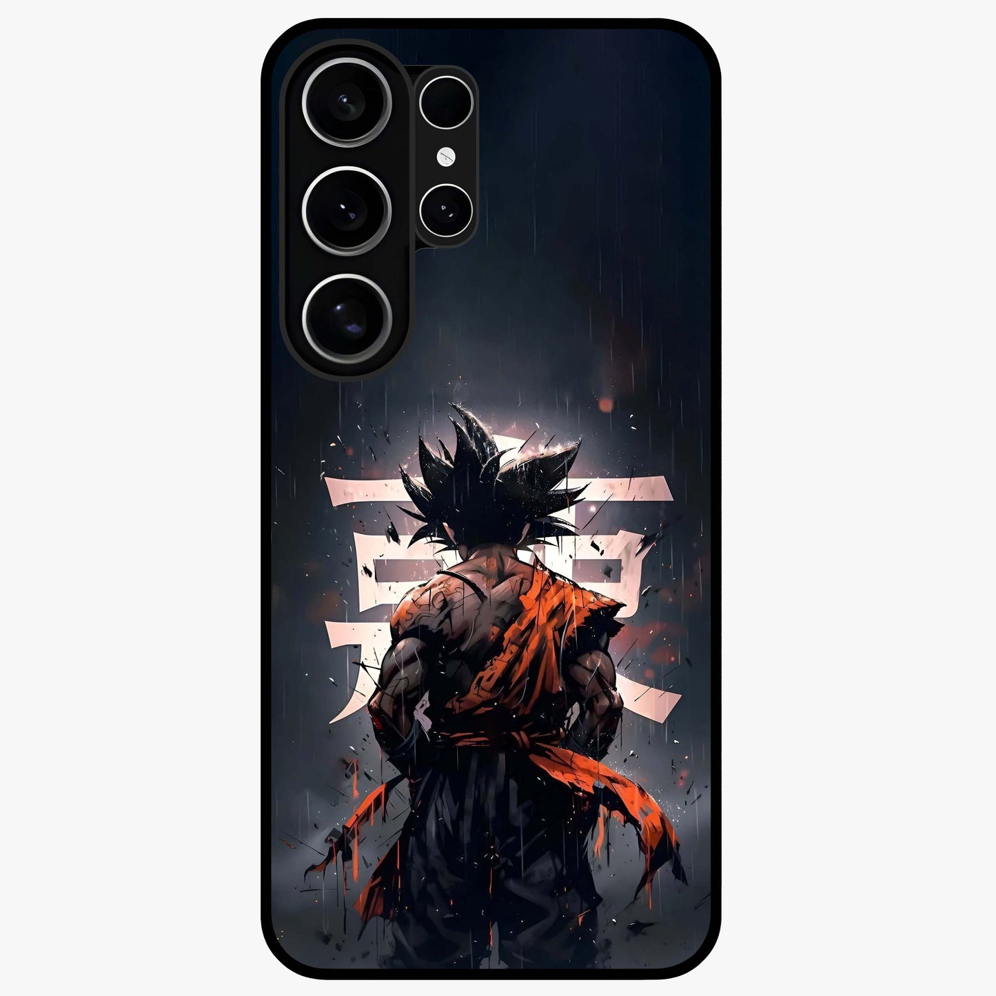 Dark Warrior In Rain Glass Case showing flat back view with warrior artwork in rainy atmosphere and glossy glass finish.