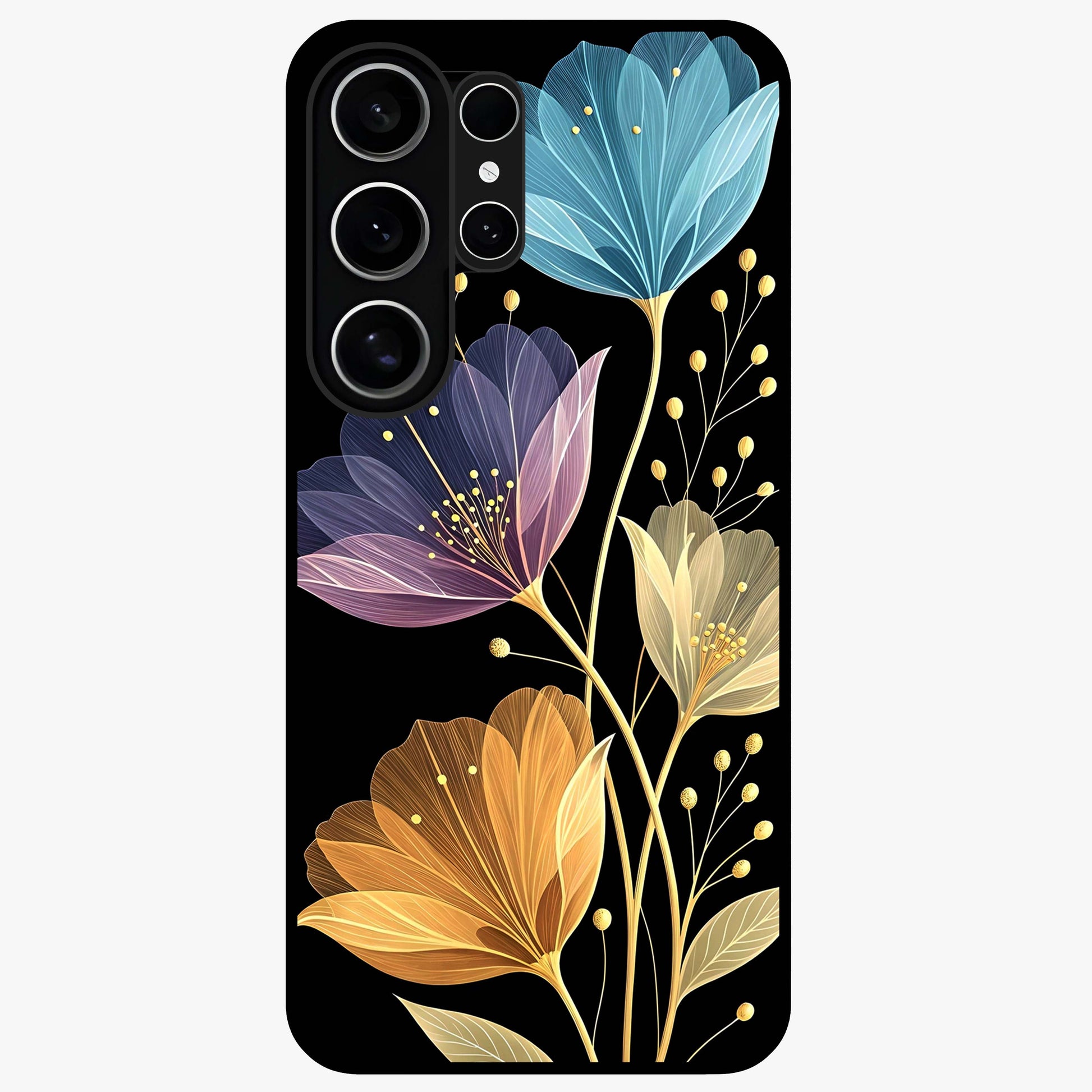 Delicate Multicolor Flowers Glass Case showing flat back view with vibrant floral artwork and glossy glass finish.