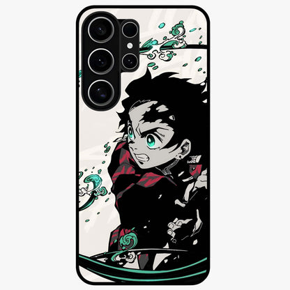 Demon Slayer Glass Case showing flat back view with bold anime inspired artwork and glossy glass finish.