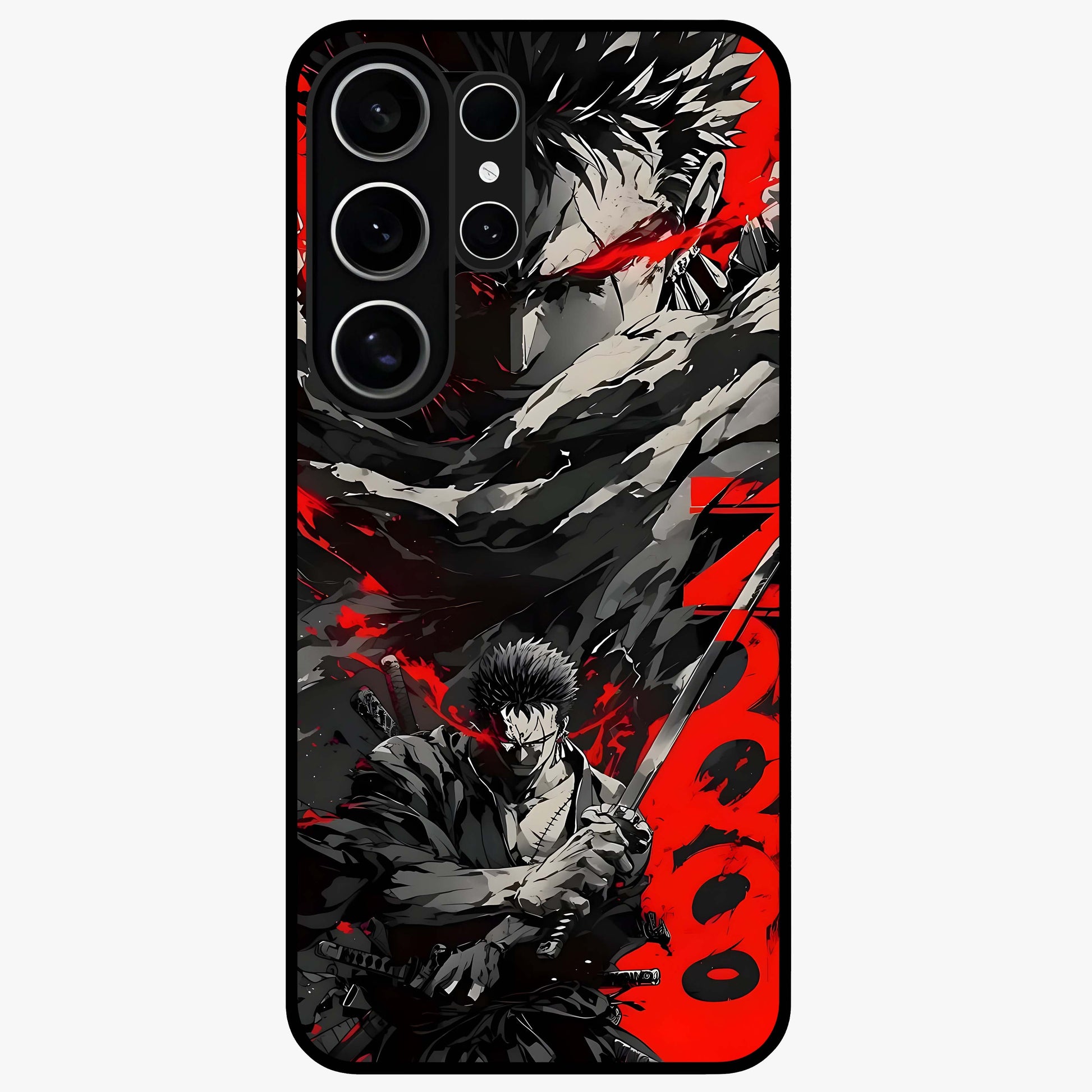 Demon Sword Resolve Glass Case showing flat back view with fierce sword warrior artwork and glossy glass finish.