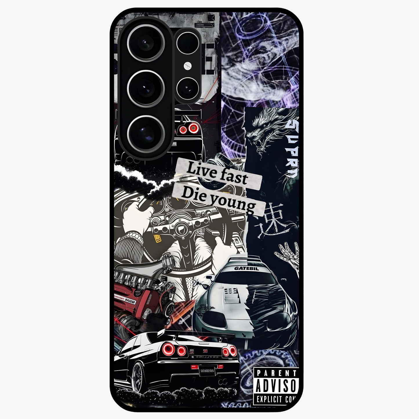 Die Young Glass Case showing flat back view with bold artistic typography design and glossy glass finish.