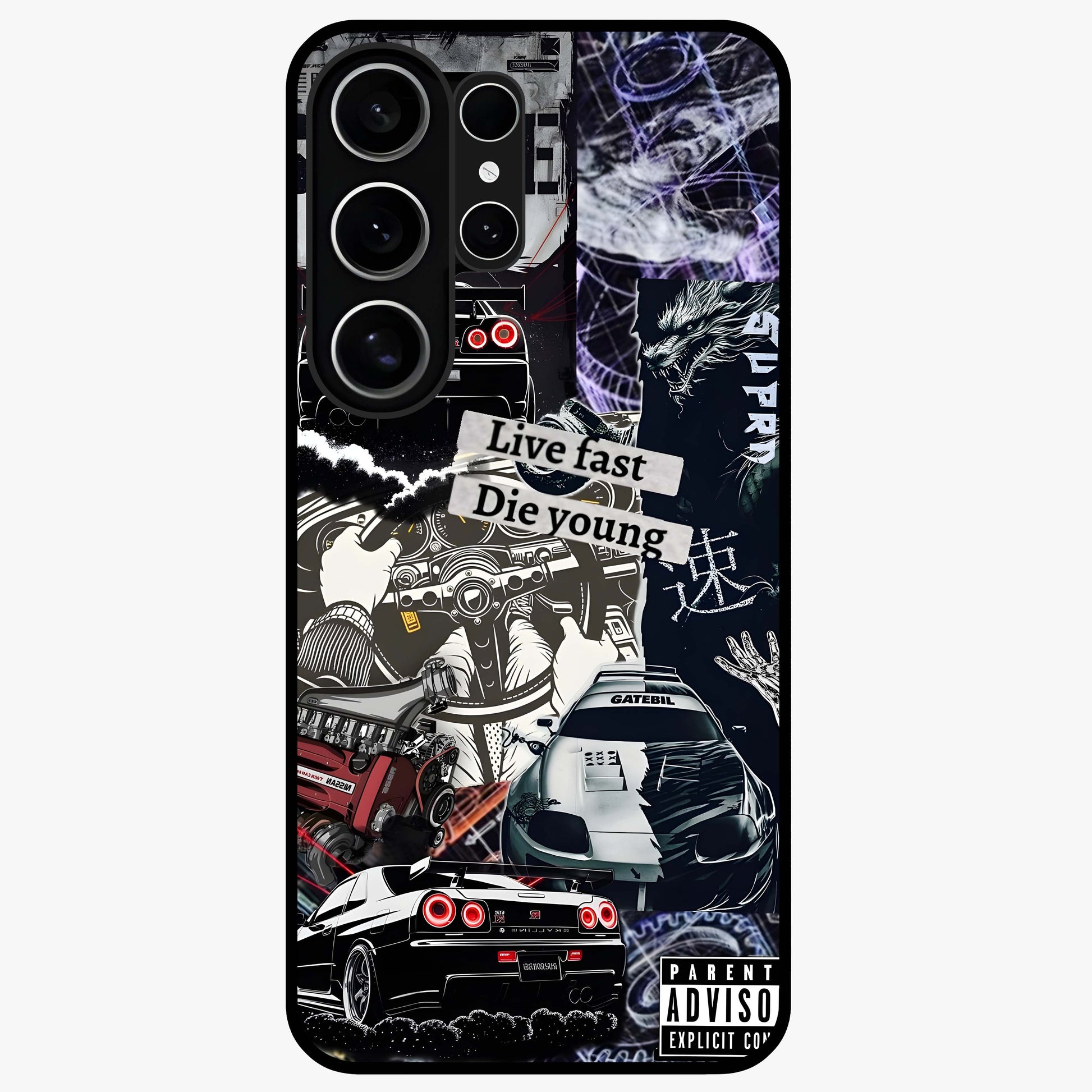 Die Young Glass Case showing flat back view with bold artistic typography design and glossy glass finish.