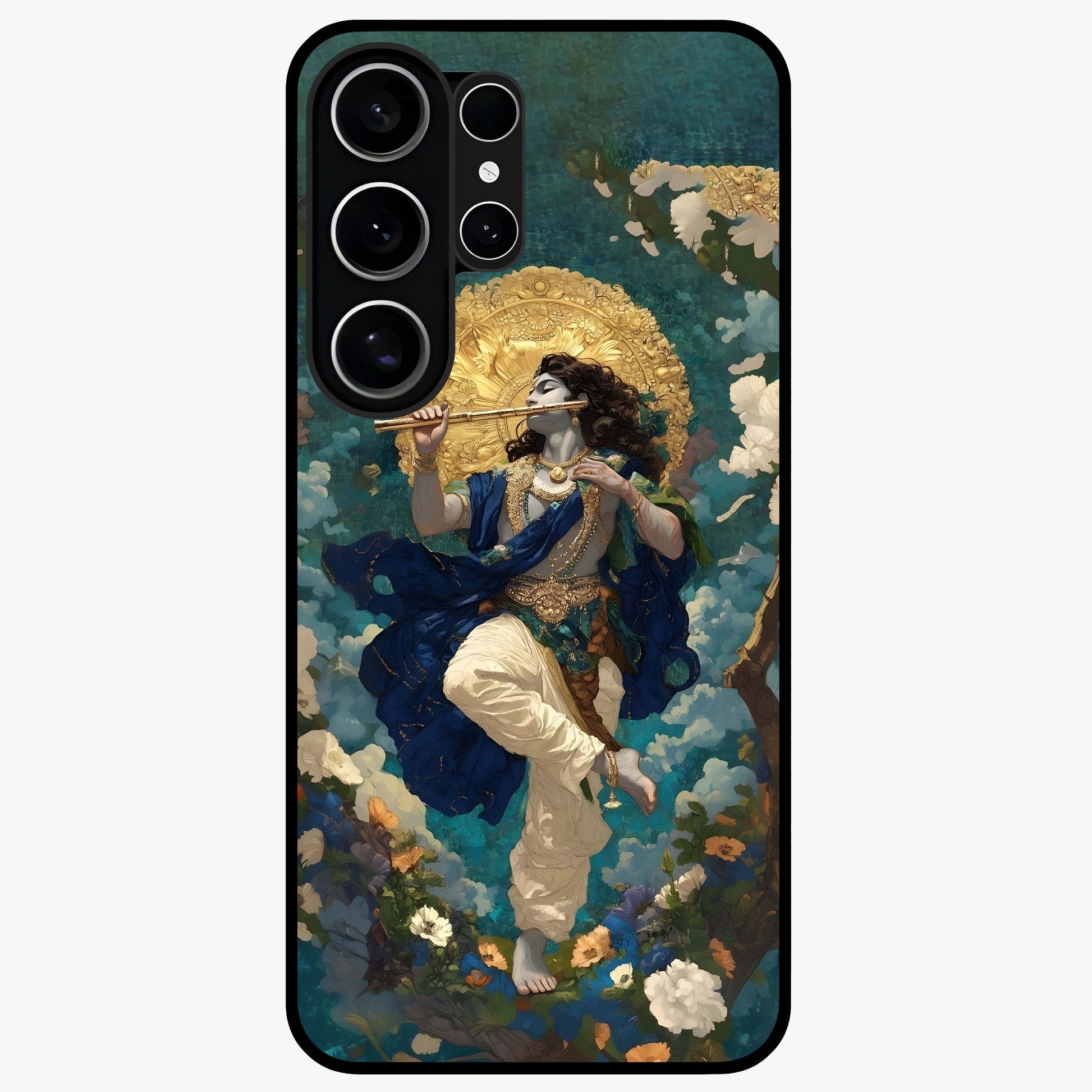 Divine Krishna Art Glass Case showing flat back view with Lord Krishna artwork and glossy glass finish.