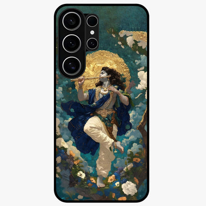 Divine Krishna Art Glass Case showing flat back view with Lord Krishna artwork and glossy glass finish.