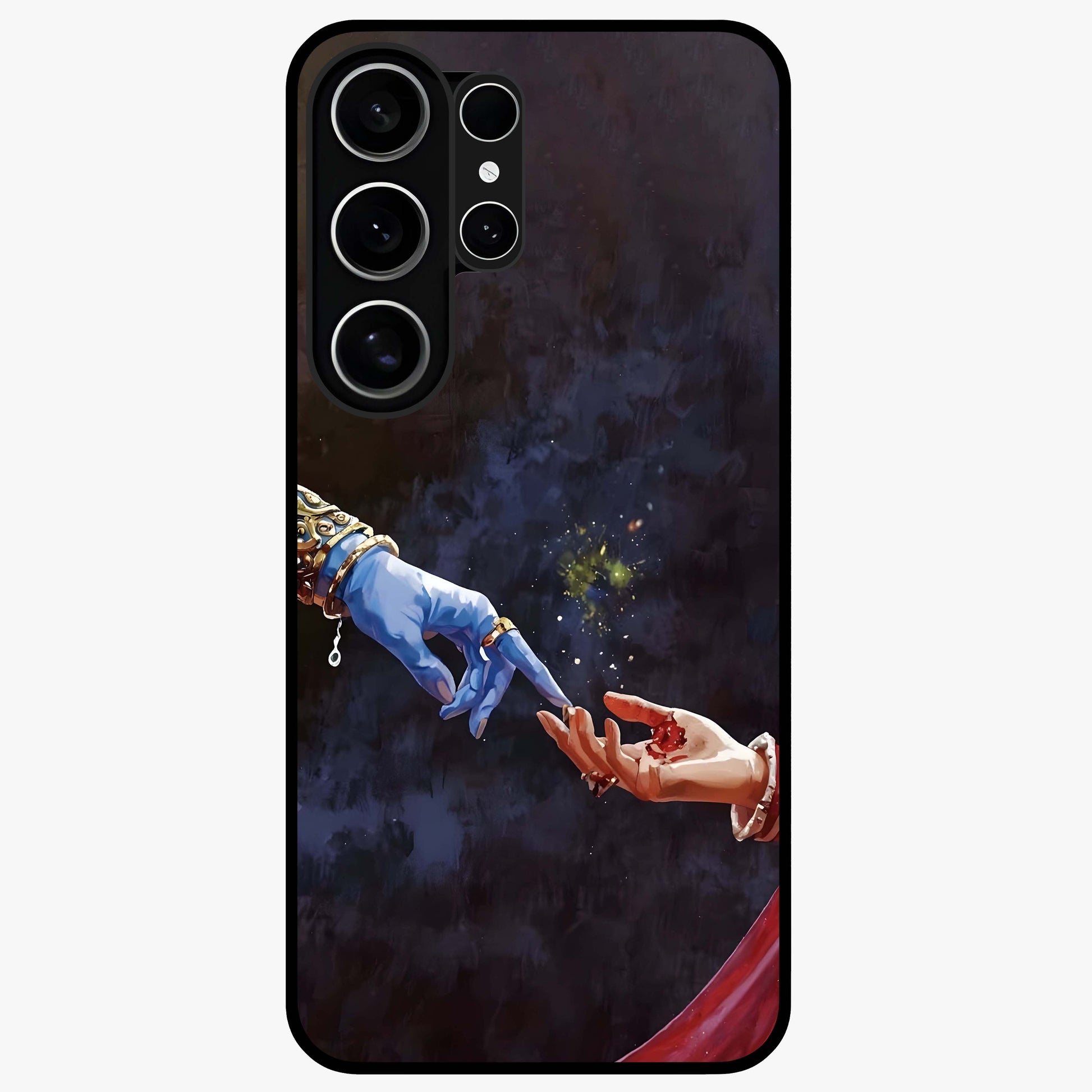 Divine Touch Eternal Glass Case showing flat back view with spiritual themed artwork and glossy glass finish.