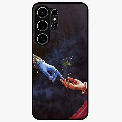 Divine Touch Eternal Glass Case showing flat back view with spiritual themed artwork and glossy glass finish.
