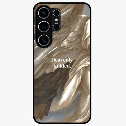 Divine Winged Grace Glass Case showing flat back view with elegant wing inspired artwork and glossy glass finish.