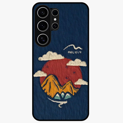 Dream Beyond Mountains Glass Case showing flat back view with scenic mountain landscape artwork and glossy glass finish.