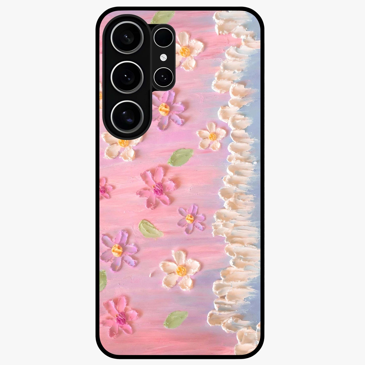 Dreamy Painted Garden Glass Case showing flat back view with artistic painted floral garden artwork and glossy glass finish.