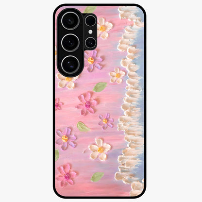 Dreamy Painted Garden Glass Case showing flat back view with artistic painted floral garden artwork and glossy glass finish.