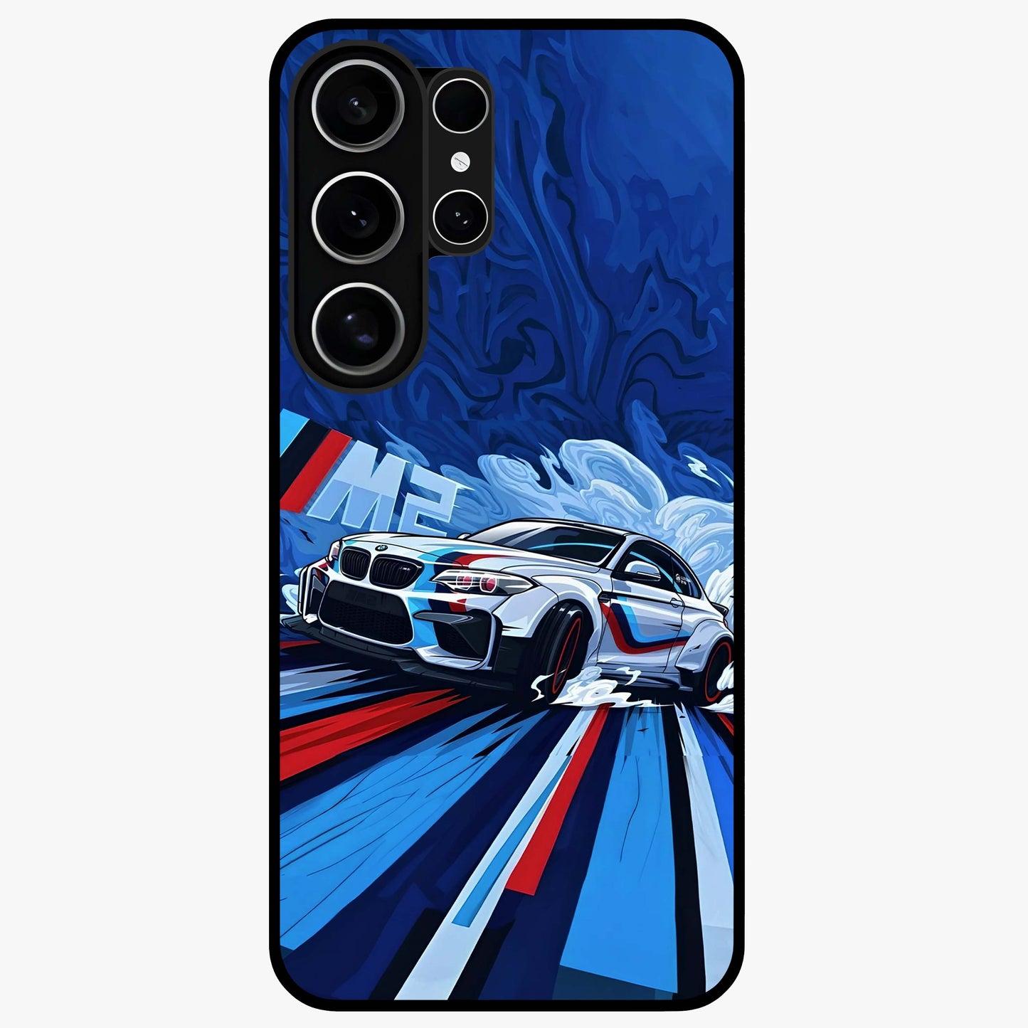 Drift Power Rush Glass Case showing flat back view with dynamic racing inspired artwork and glossy glass finish.