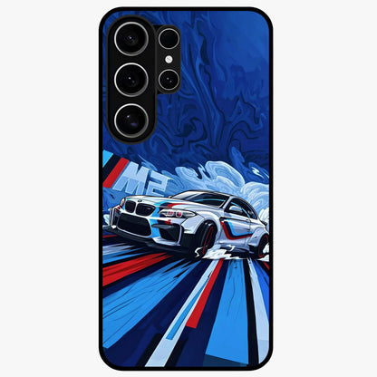 Drift Power Rush Glass Case showing flat back view with dynamic racing inspired artwork and glossy glass finish.
