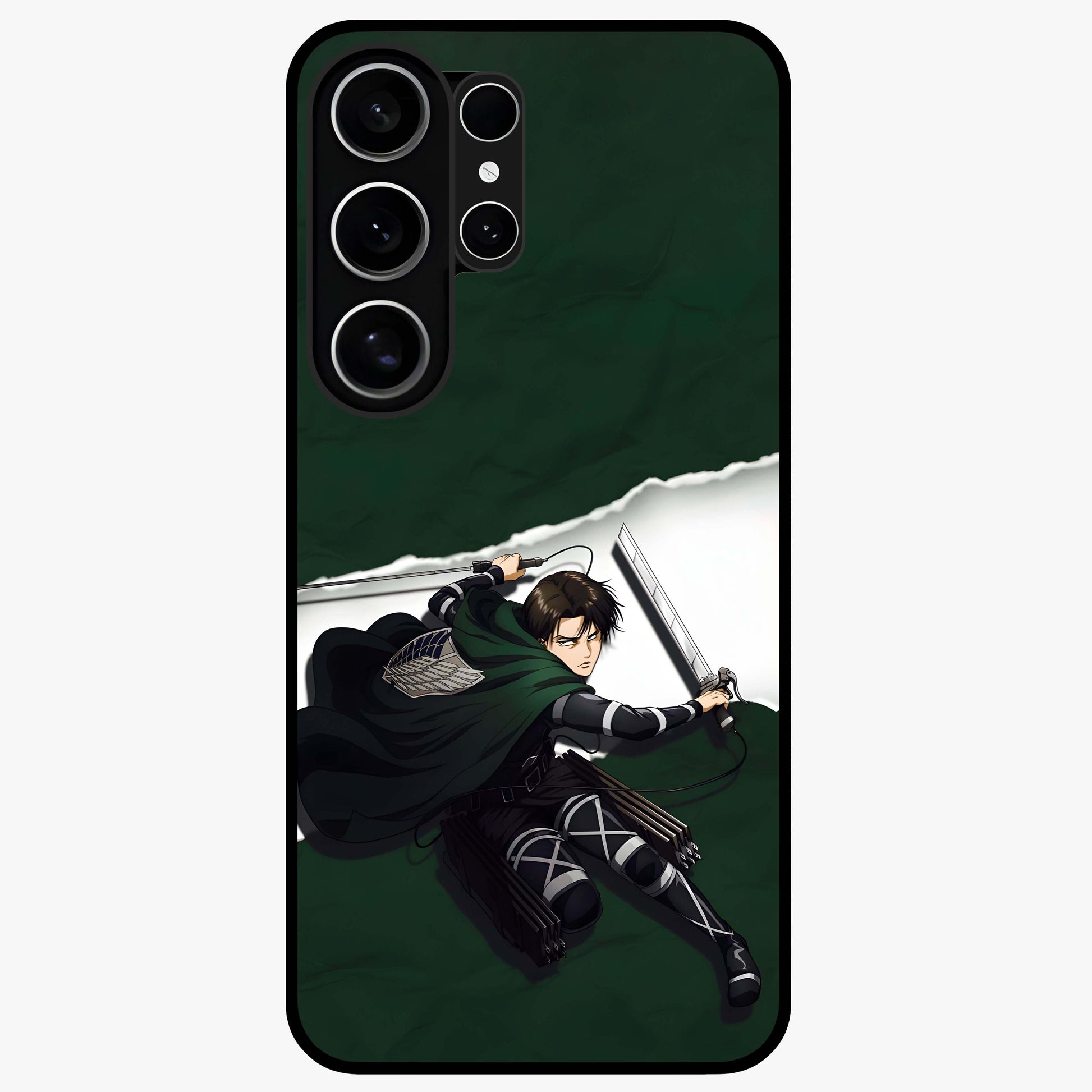 Emerald War Vanguard Glass Case showing flat back view with powerful warrior themed artwork and glossy glass finish.