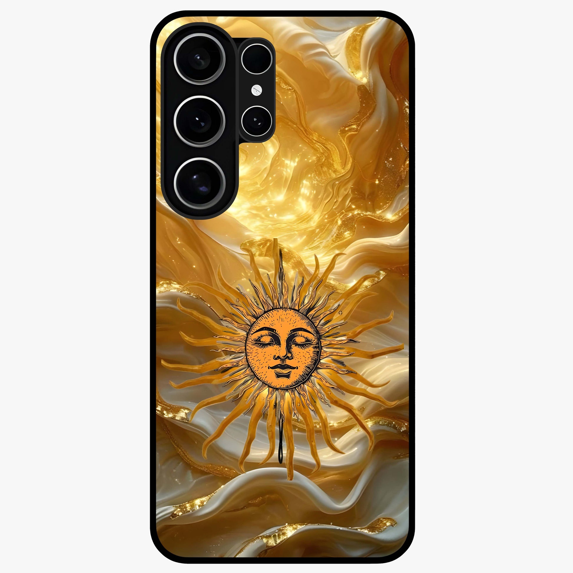 Eternal Golden Glow Glass Case showing flat back view with radiant golden themed artwork and glossy glass finish.