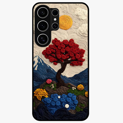 Eternal Nature Tapestry Glass Case showing flat back view with intricate nature tapestry artwork and glossy glass finish.