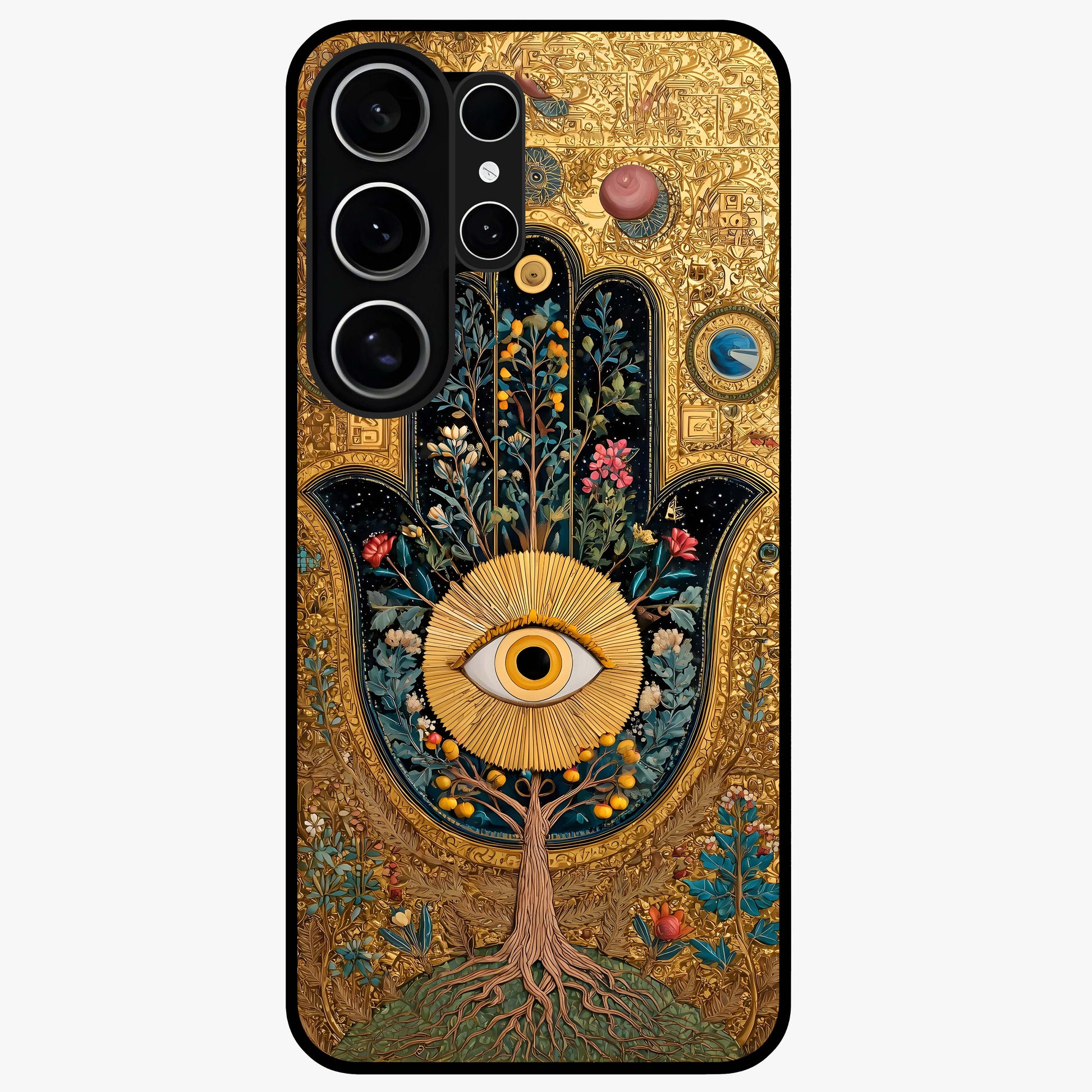 Ethereal Evil Eye Glass Case showing flat back view with mystical evil eye artwork and glossy glass finish.