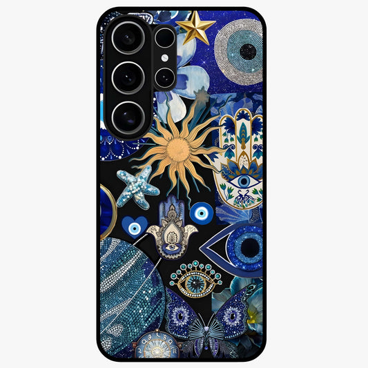 Evil Eye Charm Mix Glass Case showing flat back view with multiple evil eye charms artwork and glossy glass finish.