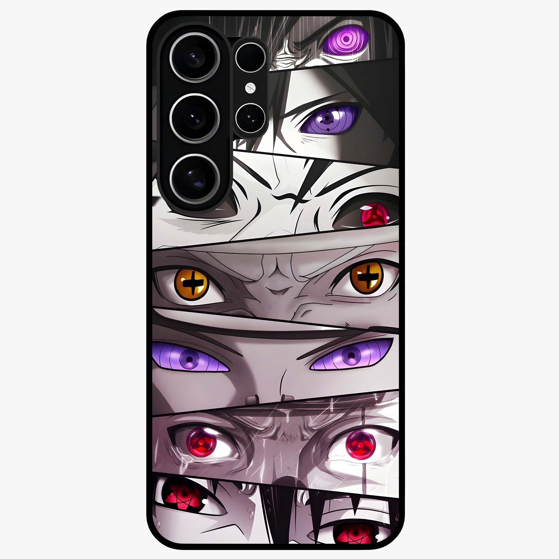 Eyes of Destiny Glass Case showing flat back view with striking eye themed artwork and glossy glass finish.