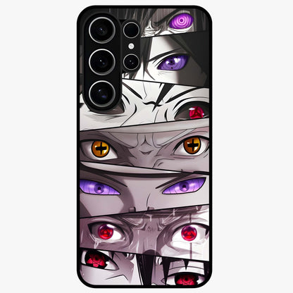 Eyes of Destiny Glass Case showing flat back view with striking eye themed artwork and glossy glass finish.