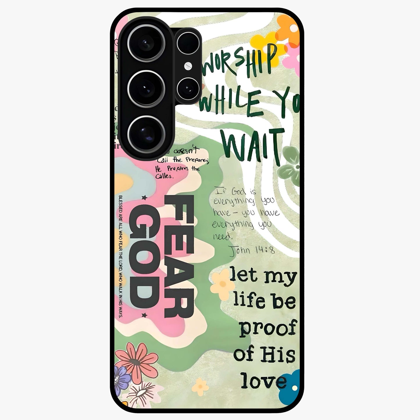 Faith Over Fear Glass Case showing flat back view with motivational typography artwork and glossy glass finish.