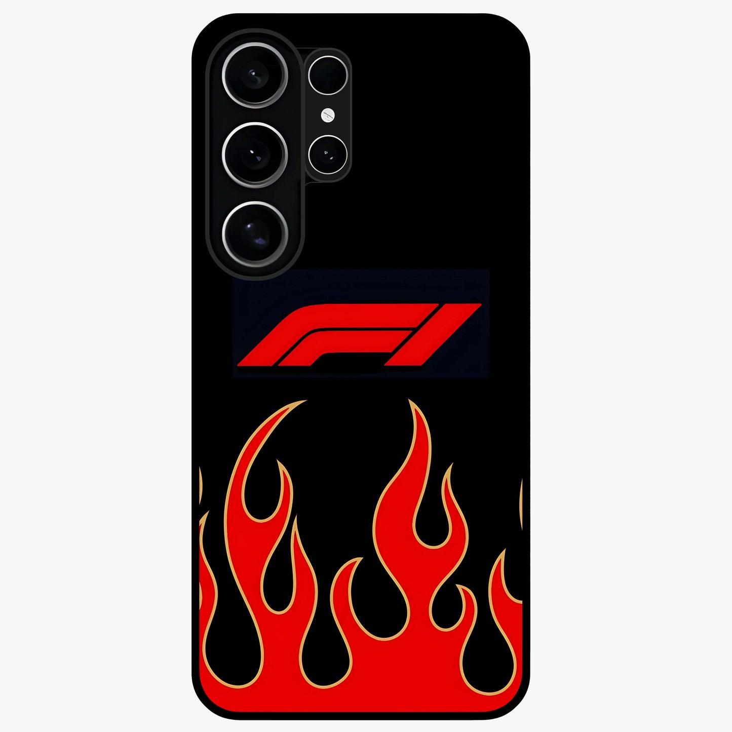 Fire F11 Glass Case showing flat back view with fiery themed artwork and glossy glass finish.