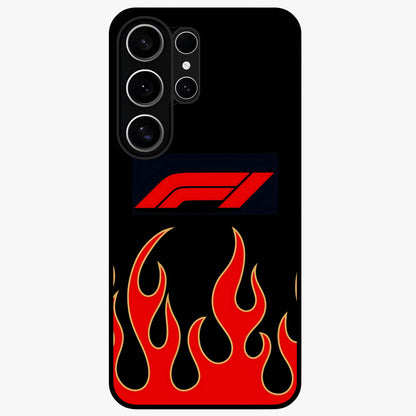 Fire F11 Glass Case showing flat back view with fiery themed artwork and glossy glass finish.