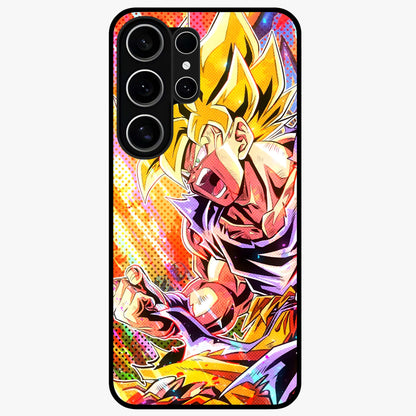 Firing Goku Glass Case showing flat back view with powerful anime inspired artwork and glossy glass finish.