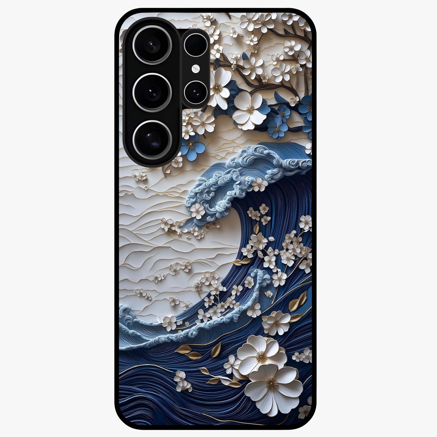 Floral Wave Origami Glass Case showing flat back view with origami inspired floral wave artwork and glossy glass finish.